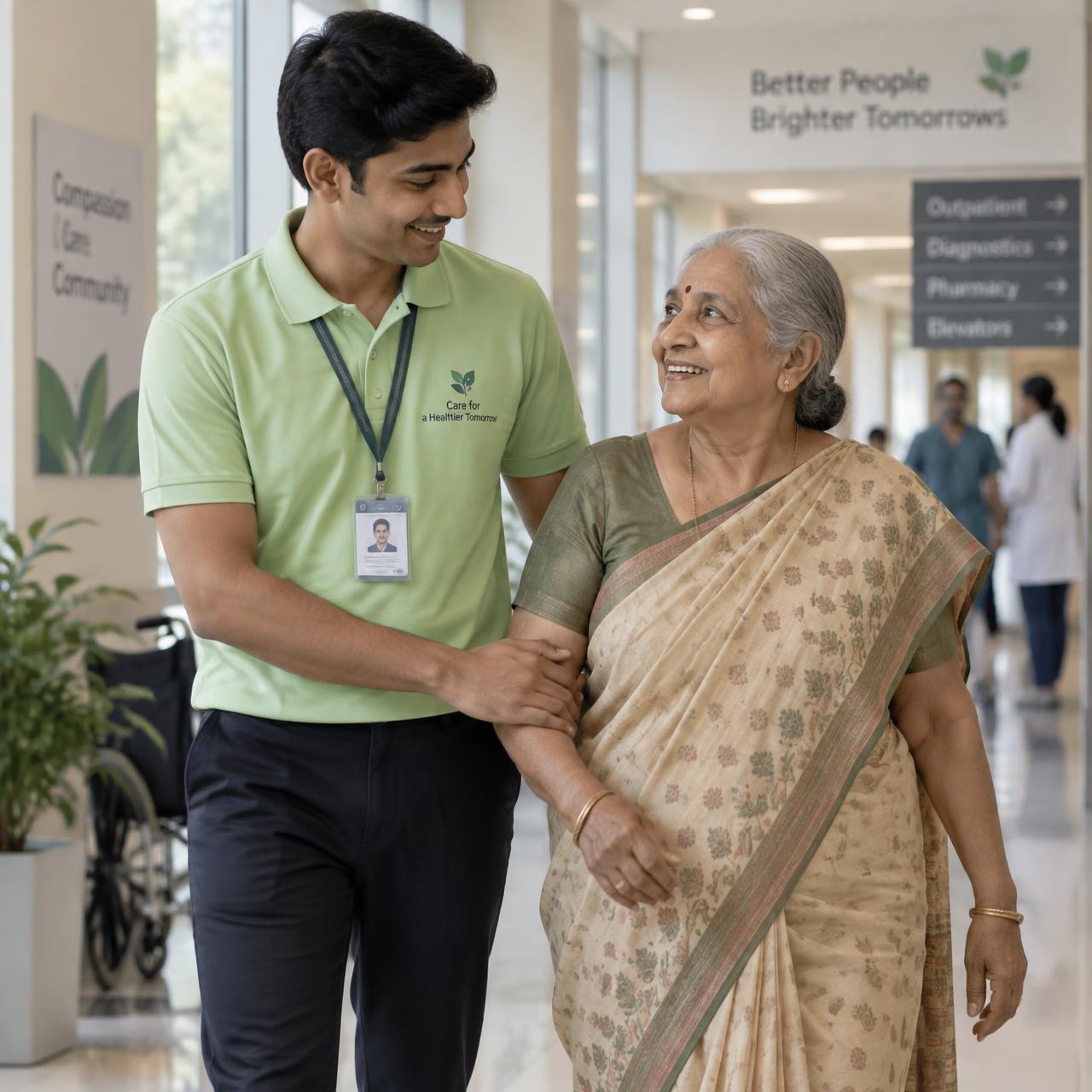 Care companion helping an elderly parent during a hospital visit